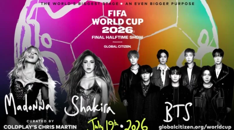 Logotipo de la FIFA y los miembros de BTS anunciados para el espectáculo de medio tiempo de la final de la Copa del Mundo 2026.