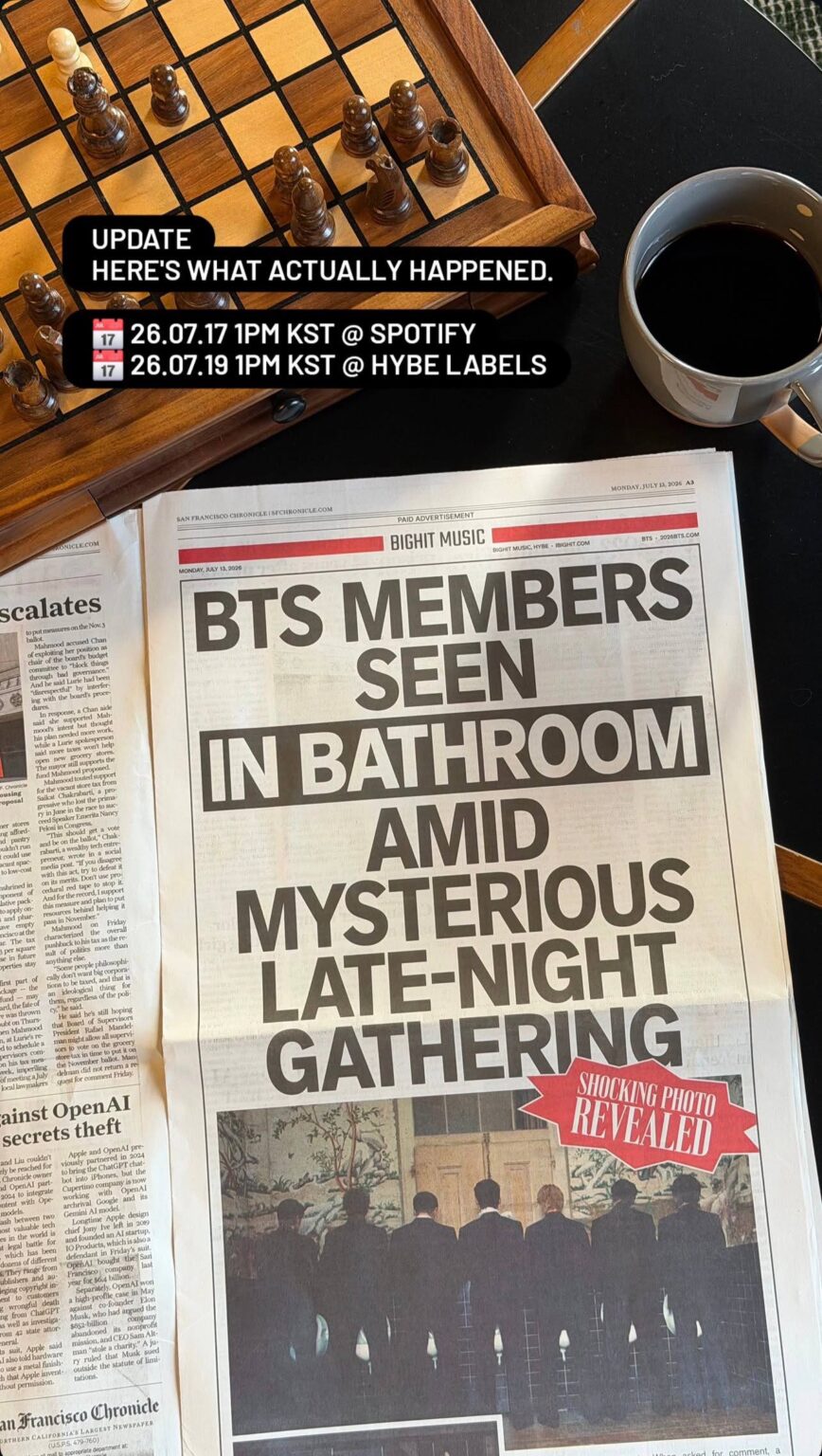 Calendario de BTS para el video musical NORMAL en el New York Post y San Francisco Chronicle