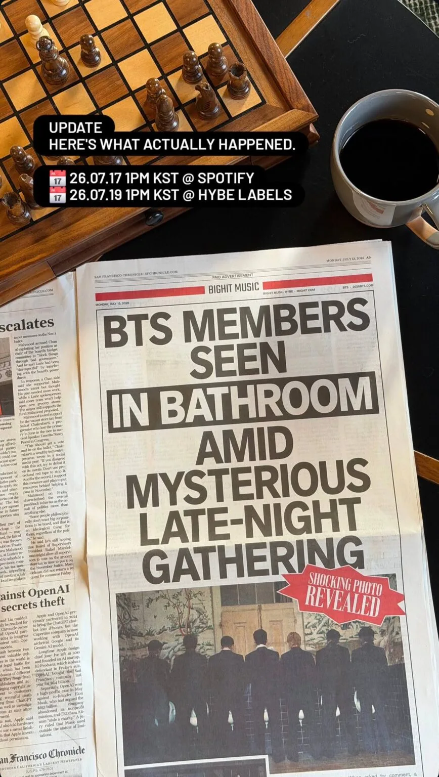 Calendario de BTS para el video musical NORMAL en el New York Post y San Francisco Chronicle